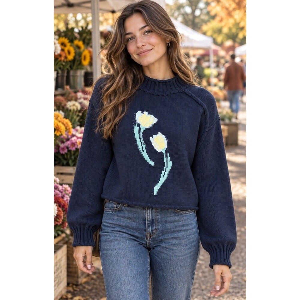 J Crew 2025 Rollneck Sweater Womens XXL Blue Floral Tulip Heritage Cotton